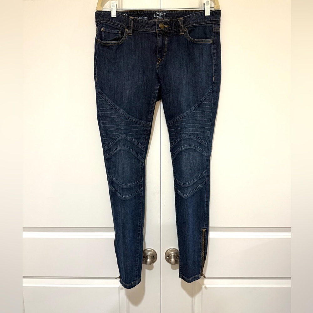 LOFT Blue Skinny Moto Jeans with Stitch Detail ankle zippers